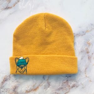 Mustard Yellow Frenchie Hand Embroidered Kids Winter Hat Beanie